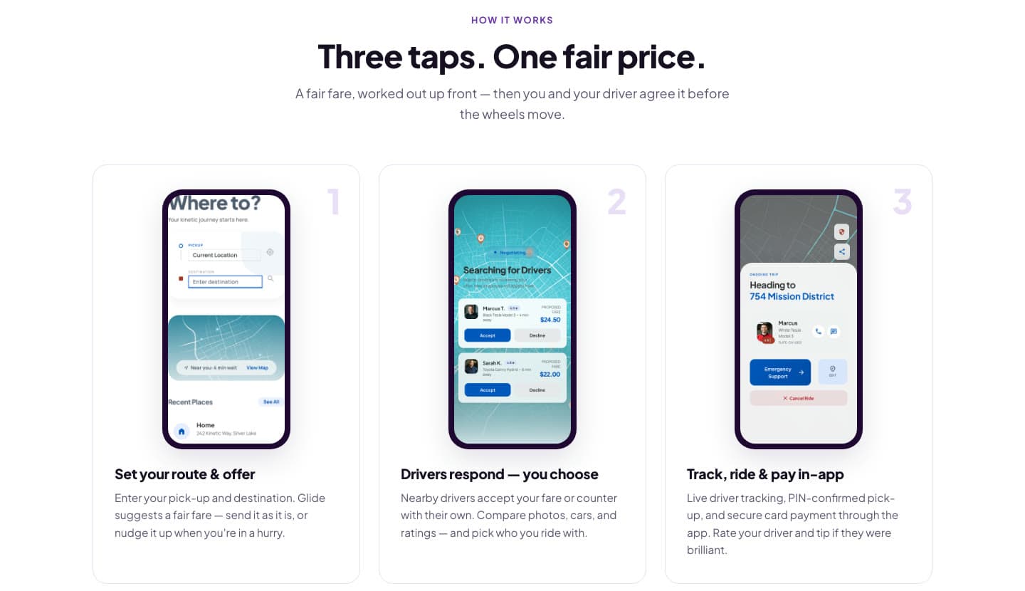 Three taps. One fair price — set your route, drivers respond, ride and pay in-app