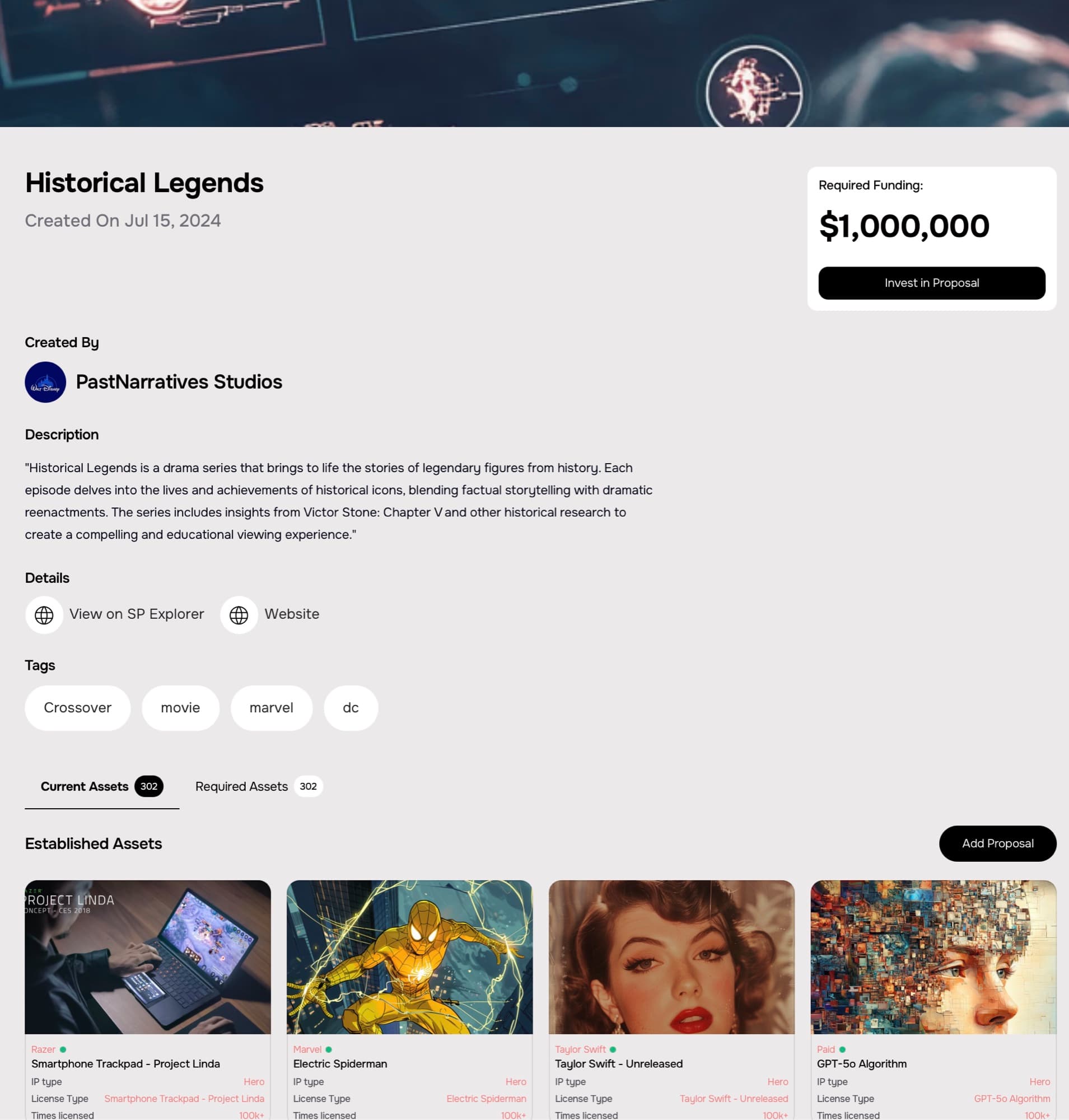 IPSwap proposal — Historical Legends funding page with required assets